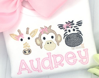 Zoo Animals Shirt, Jungle Animals Personalized Embroidered Shirt, Monkey, Giraffe, Zebra Bodysuit or Baby Gown