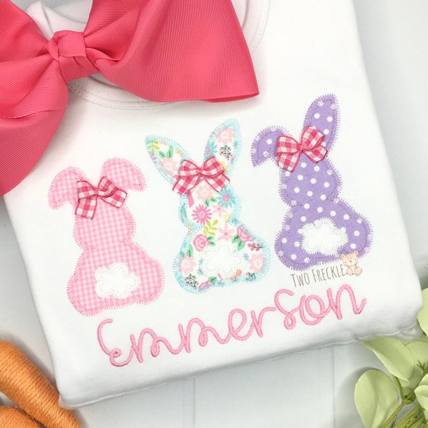 Girls Cottontail Bunnies, Easter Applique Personalized Girls Embroidered Shirt, Romper, or Baby Bodysuit