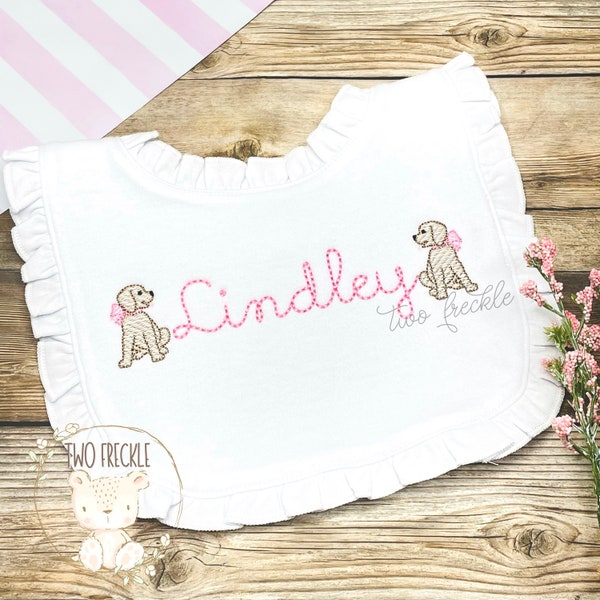Baby Girl Dog Bib, Puppy Personalized Bib, Embroidered Labrador Baby Gown, Baby Shower Gift, Monogrammed Ruffle Burp Cloth