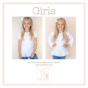 The image is a collage of two photos of a young girl wearing a white top and blue jeans. The girl is smiling and posing confidently. The collage includes text that provides information about the size charts available on the website, and the logo for the brand "TWO FREECKLE".