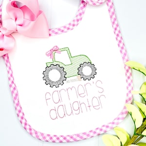 Farmer&#39;s Daughter Bib, Tractor Burp Cloth, Girls Farming Bib, Embroidered Baby Girl Gift, Farmer&#39;s Daughter Bodysuit or Baby Gown