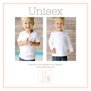 The image is a collage of two photographs of a smiling young boy wearing a white shirt and jeans. The text "Unisex" is displayed above the collage, and there is a website URL provided below the images.