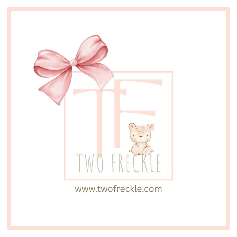 a pink bow and a small bear, with the text "TWO FREECKLE" and "www.twofreckle.com" displayed prominently.