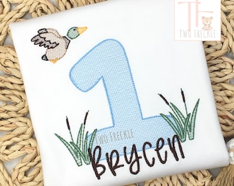 Birthday Shirt: One Lucky Duck Mallard Design (Embroidered Romper)