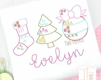 Girls Christmas Shirt: Pink Embroidered Holiday Designs (Cotton Tee)