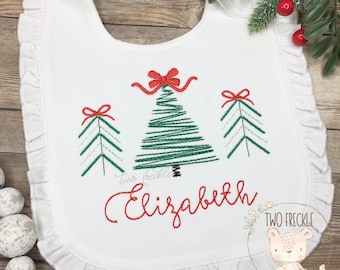 Girls Christmas Bib, Christmas Tree with Bow, Girls Embroidered Personalized Burp Cloth, or Baby Bodysuit