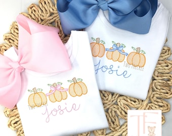 Girls Embroidered Pumpkin Shirt, Fall Thanksgiving Outfit (Cotton)