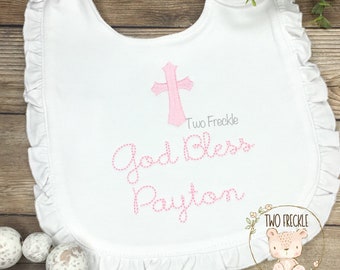 Christening Bib with Cross, God Bless Burp Cloth, Embroidered Cross Baby Gown, Baptism Bib