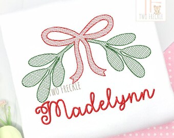 Girls Christmas Shirt: Embroidered Mistletoe with Bow