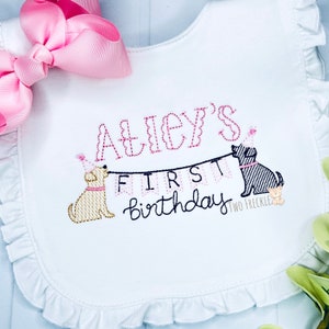 First Birthday Puppy Bib, Puppy Dog Birthday Bib, Birthday Doggie Baby Bodysuit, Embroidered, Personalized image 1
