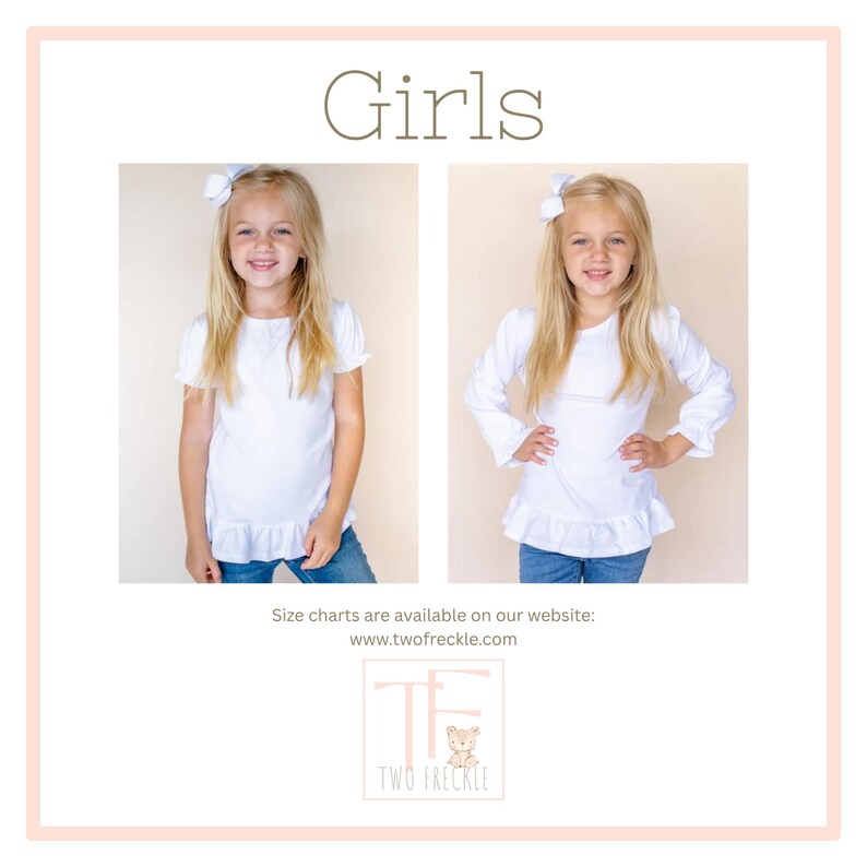 The image is a collage of two photos of a young girl wearing a white top and blue jeans. The girl is smiling and posing confidently. The collage includes text that provides information about the size charts available on the website, and the logo for the brand "TWO FREECKLE".