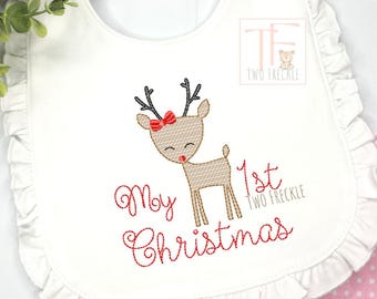 First Christmas Baby Bib, Baby Girl Reindeer Bib, Christmas Burp Cloth, Girls Reindeer Embroidered Bib, Baby Shower Gift