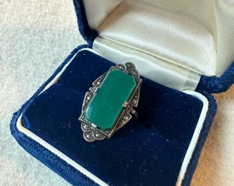 Antik Art Deco Sterling Silver Krysoprasring storlek 5.5