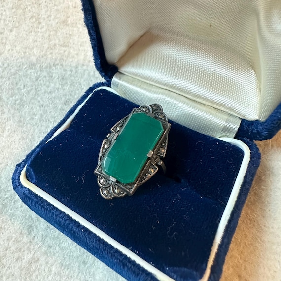 Bague Ancienne Art Déco En Argent Sterling – Chrysoprase Verte, Taille 55, Occasion