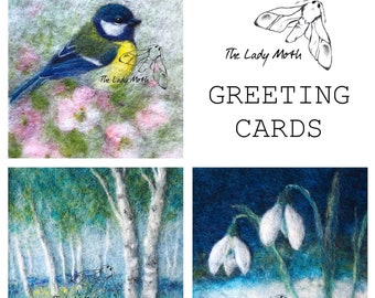 Greeting cards by The Lady Moth - set of three - great tit - spring birch forest - snowdrops - needle felting - wool painting