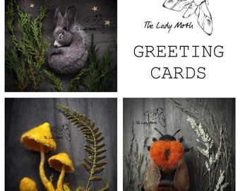 Greeting cards by The Lady Moth - set of three - donkey - bumblebee - golden waxcap - needle felting