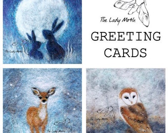 Greeting cards by The Lady Moth - set of three - moon hares - fawn - barn owl - needle felting - wool painting