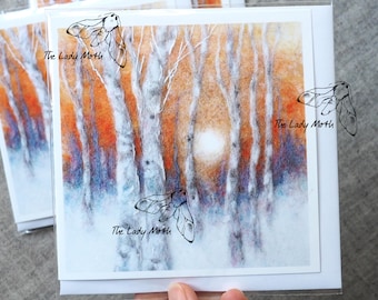Winter Sunset greeting cards by The Lady Moth - set of three - needle felting - wool painting - birch trees
