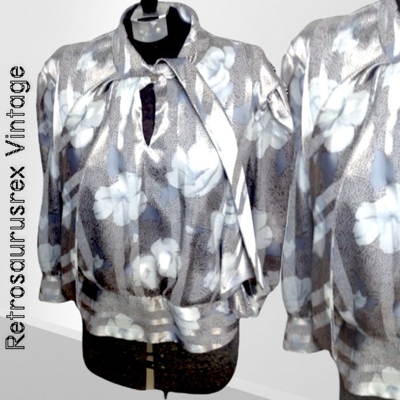 1970's Silver and Grey Secretary Blouse by Frejan… - image 1