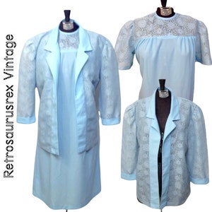 1960&#39;s Rockabilly Baby Blue & Lace Sack Dress, with Matching Lace Jacket by Lady Jennifer, Size 12, Vintage 1950&#39;s Sheath Dress Pastel Blue
