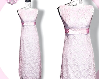 Vintage 60s Baby Pink & White Lace Chiffon Empire Waist Maxi Dress, Small