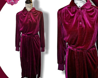 Vintage 70s Cranberry Burgundy Red Velour Long Sleeve Secretary Dress, Large