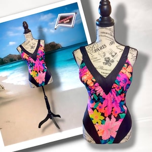Vintage Totally 80s Neon V Neck Onepiece Bathing Suit, Size 11