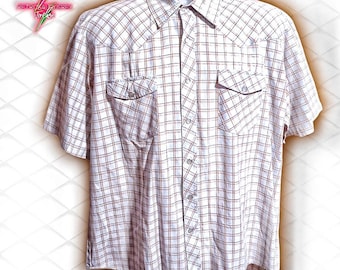 Vintage Western Plaid Snap Front Short Sleeve Shirt, Large
