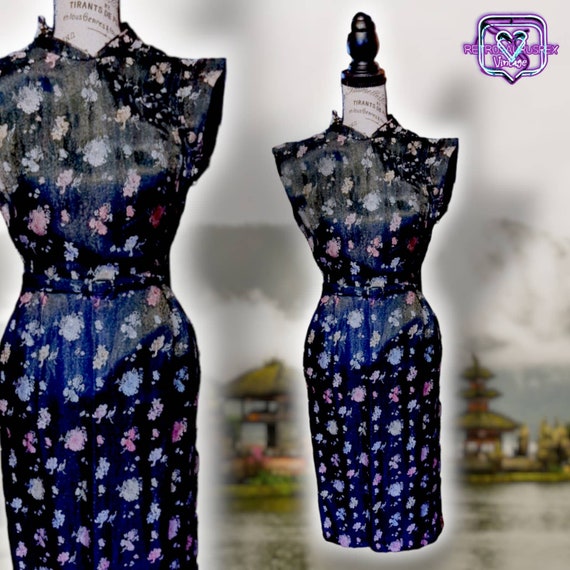 Vintage 1950's Asian Inspired Floral Brocade Wiggl