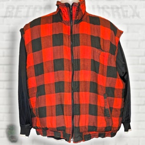 Vintage 1990's Red Buffalo Plaid Utility Sleeveless Quilted Puff Vest, Big 3X