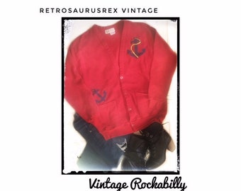 1980's Nautical Rockabilly Anchor Oversized Cardigan Sweater, 80's Red Nautical PinUp Sweater, Large XL, Vintage 1980's  Baggy Sweatshirt