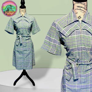 Vintage 1960’s A-Line Rockabilly Green and Blue Diner House Dress, Medium