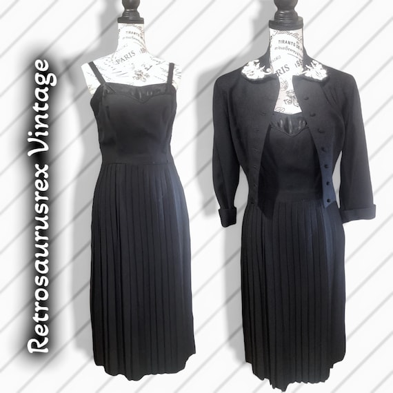 Vintage 1940’s Pinup Wool Pleated Dress & Angora … - image 1