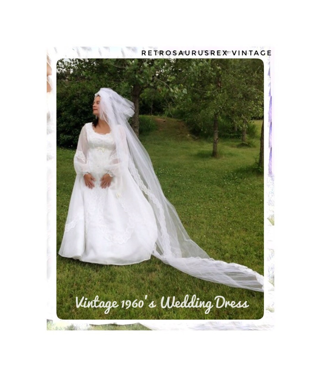 Vestido de novia estilo imperio bohemio de los años 60 y velo de