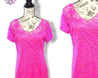 Vintage Y2K Neon Pink Lace Barbiecore Stretch Blouse, Medium