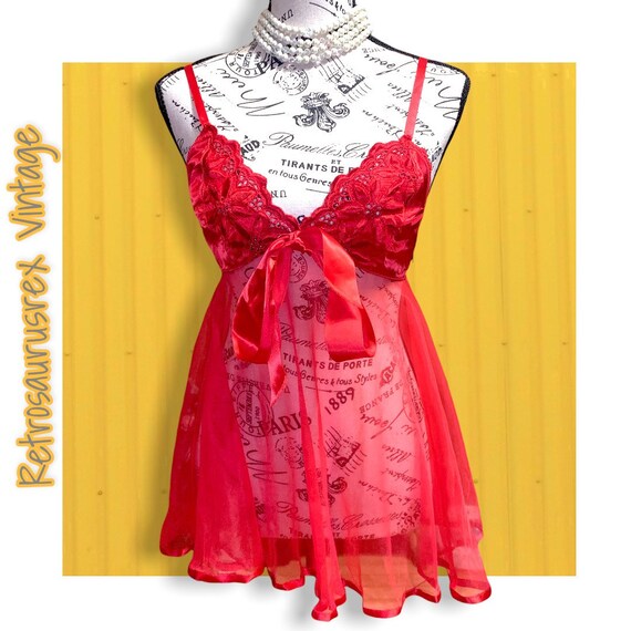 Vintage Two Piece Red Hot Candy Negligee & Peigno… - image 2
