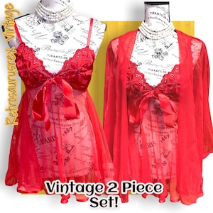 Conjunto de lingerie vintage de duas peças vermelho quente doce e robe peignoir médio, conjunto de lingerie babydoll boudoir vintage