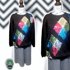 Suéter vintage de fiesta de lentejuelas de colores, de gran tamaño, estilo twee, de los años 80, color negro, talla mediana
