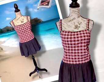 Vintage 90s Pinup Gingham Plaid  Seersucker Skirted Swim Dress, 10