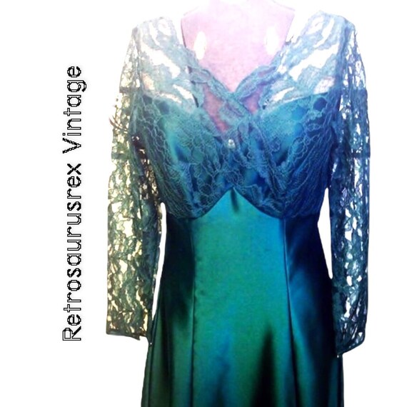 1980's Emerald Green Lace Maxi Evening Gown by Al… - image 3
