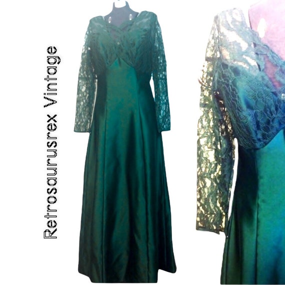 1980's Emerald Green Lace Maxi Evening Gown by Al… - image 1