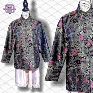 Vintage Robert Louis Silk Asian Kimono Embroidered Mandarin Jacket, Medium