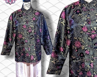 Vintage Robert Louis Silk Asian Kimono Embroidered Mandarin Jacket, Medium