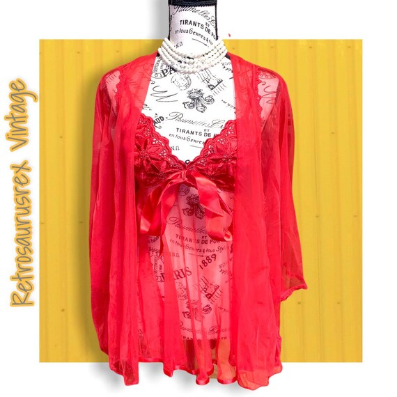 Vintage Two Piece Red Hot Candy Negligee & Peigno… - image 3