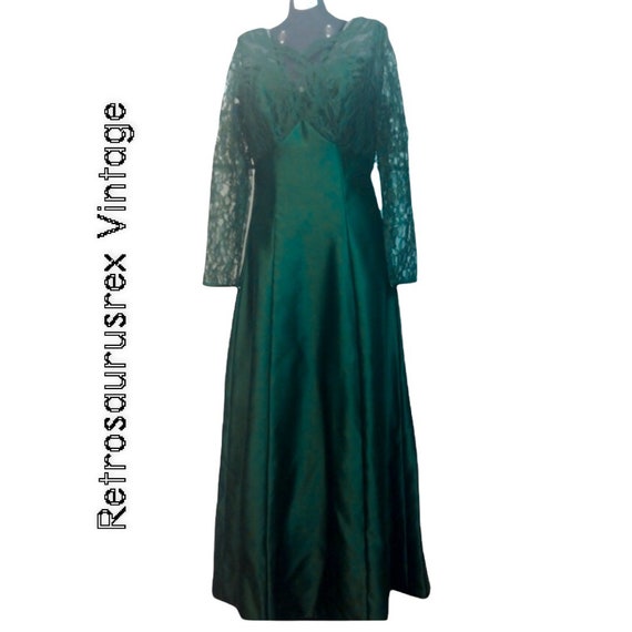 1980's Emerald Green Lace Maxi Evening Gown by Al… - image 2