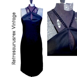 1980&#39;s Little Black Pin Up Cocktail Dress  w/ Beaded Straps by Indeed, Size 7, Vintage LBD, Cut Out Hollywood Dress, Criss Cross Straps