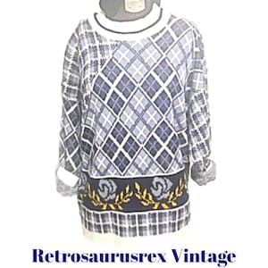 1980&#39;s Blue Plaid Rose Oversize Hipster Sweater by Nam Dorsey, Size Medium Large, Vintage 1980&#39;s Preppy Baggy Knit Sweater, Breakfast Club