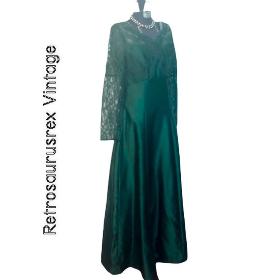 1980's Emerald Green Lace Maxi Evening Gown by Al… - image 4