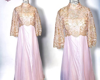 Vintage 60's High Collar Rose Gold Chiffon Ball Gown, medium