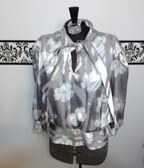 1970's Silver and Grey Secretary Blouse by Frejani